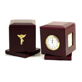 Rosewood Rotating Box with Two 2" x 2" Frames, Quartz Clock and Chiropractor Emblem