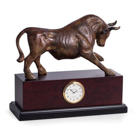 Bull Sculpture and Quartz Clock with Flamed Patina Finish on Burl Wood and Black Base