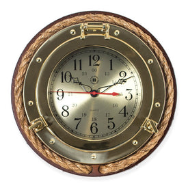 Brass Porthole Quartz Clock with Fisherman's Rope on Dark Cherry Wood