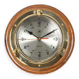Lacquered Brass Porthole Quartz Clock on Oak Wood