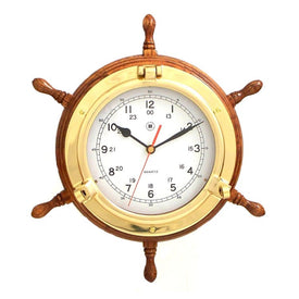 Lacquered Brass Porthole Quartz Clock on Oak Wood Ship's Wheel