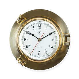 Lacquered Brass Porthole Quartz Clock with Beveled Glass