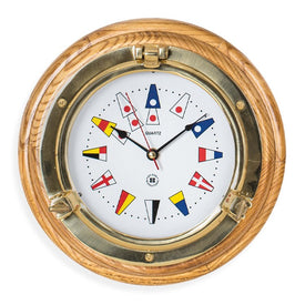 Lacquered Brass Porthole Quartz Clock with Nautical Flags Dial Face on Oak Wood