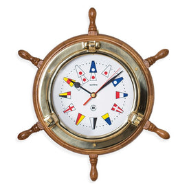 Lacquered Brass Porthole Quartz Clock on Oak Ship's Wheel with Nautical Flags Dial Face