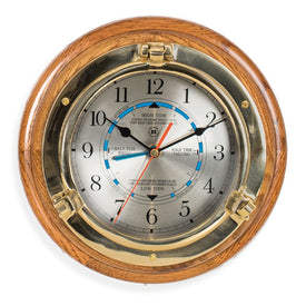 Lacquered Brass Porthole Tide and Time Quartz Clock on Oak Wood