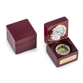 Compass and Clock in Lacquered Rosewood Hinged Box with Brass Plate and Accents