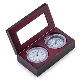 Compass and Clock in Lacquered Mahogany Hinged Box with Chrome Plate and Accents