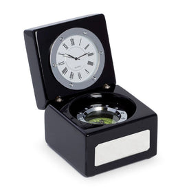Compass and Clock in Lacquered Black Finish Hinged Box with Chrome Accents