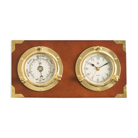 Two Porthole Quartz Clock and Barometer on Teak Finished Wood