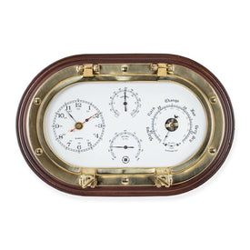 Lacquered Brass Oval Porthole Quartz Clock and Weather Station on Mahogany Wood