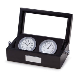 Chrome Clock and Thermometer in Black Hinged Box with Glass Top