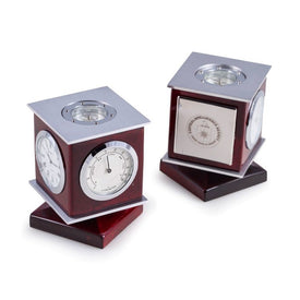 Rotating Lacquered Rosewood Weather Station with Clock, Compass, and Engraving Plate