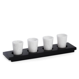 Handcrafted White Marble Shot Glasses on Black Marble Serving Tray Set of 4