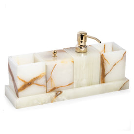 Five-Piece Marble Vanity Set with Tray - Green Onyx