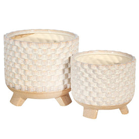 Basketweave Textured Footed Ceramic Planters Set of 2