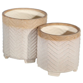 White Chevron Pattern Footed Ceramic Planters Set of 2