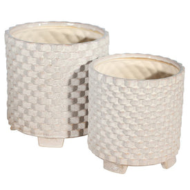 White Basketweave Textured Footed Ceramic Planters Set of 2