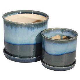 Blue/Gray Ceramic Planters with Saucers Set of 2