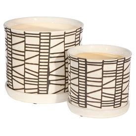 Ivory/Beige Geometric Pattern Ceramic Planters with Saucers Set of 2