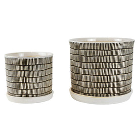 Ivory/Beige Linear Stripe Pattern Ceramic Planters with Saucers Set of 2