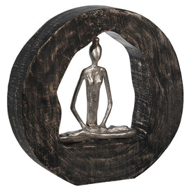 11" x 2" x 10.5" Silver Aluminum Yoga Lady in Mango Wood Log Circle Sculpture