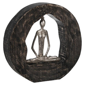 11" x 2" x 11" Silver Aluminum Yoga Lady in Mango Wood Log Circle Sculpture