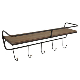 24.25" Wood and Metal Five-Hook Wall Organizer with Shelf