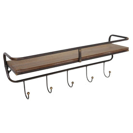 19.5" Wood and Metal Five-Hook Wall Organizer with Shelf