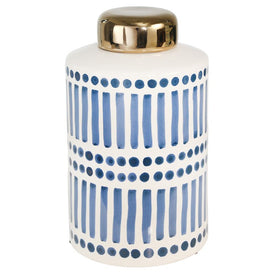 9.25" Ceramic Jar with Gold Lid - Blue and White