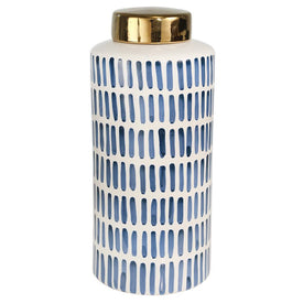 13" Ceramic Jar with Gold Lid - Blue and White