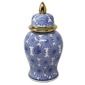 7.5" x 14.5" Blue and White Temple Jar with Dahlia Flower Design