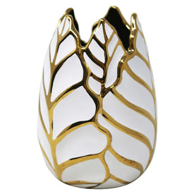 7.75" White/Gold Ceramic Leaf Vase