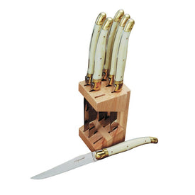 Jean Dubost Laguiole Six Steak Knives with Ivory Handles in Wood Block