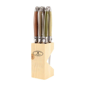 Jean Dubost Laguiole Six Steak Knives with Mineral Handles in Wood Block