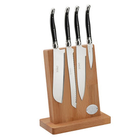 Jean Dubost Laguiole Four-Piece Kitchen Knife Set with Black Handles on Magnetic Block