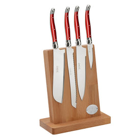 Jean Dubost Laguiole Four-Piece Kitchen Knife Set with Red Handles on Magnetic Block