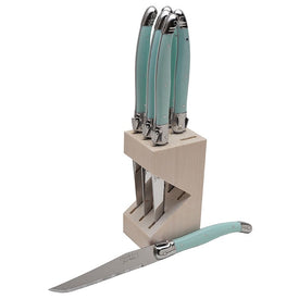 Six Steak Knives with Turquoise Handles in Wood Block