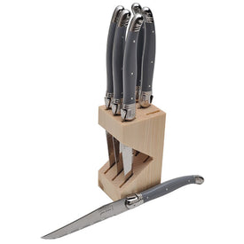 Jean Dubost Laguiole Six Knives with Gray Handles in Wood Block