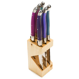 Jean Dubost Laguiole Six Steak Knives with Provence Purple Handles in a Wood Block