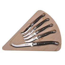 Jean Dubost Laguiole Five Cheese Knives with Black Handles and Cheese Board