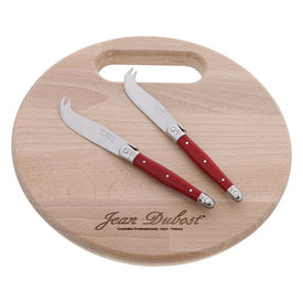 Jean Dubost Laguiole Two-Piece Cheese Knife Set with Red Handles and Round Board