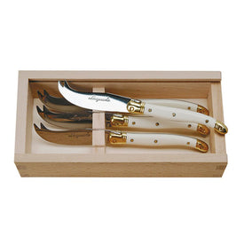 Jean Dubost Laguiole Four Cheese Knives with Ivory Handles in a Wood Box