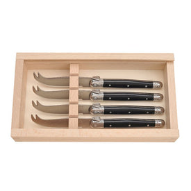 Jean Dubost Laguiole Four Cheese Knives with Black Handles in Wood Box