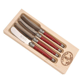 Jean Dubost Laguiole Four Cheese Spreaders with Red Handles in Wood Box