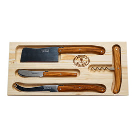 Jean Dubost Laguiole Rustic Range Four-Piece Cheese and Wine Set with Olive Wood Handles