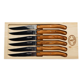 Jean Dubost Laguiole Six Steak Knives with Rustic Range Olive Wood Handles in Box