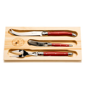 Jean Dubost Laguiole Three-Piece Cheese Knife Set with Red Handles
