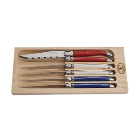 Six Steak Knives with Parisian Color Handles in Open Box