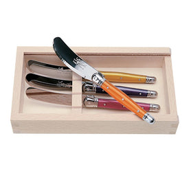 Jean Dubost Laguiole Four Cheese Spreaders with Multi-Color Handles in Box