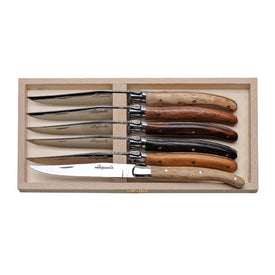 Jean Dubost Laguiole Six Steak Knives with Assorted Wood Handles